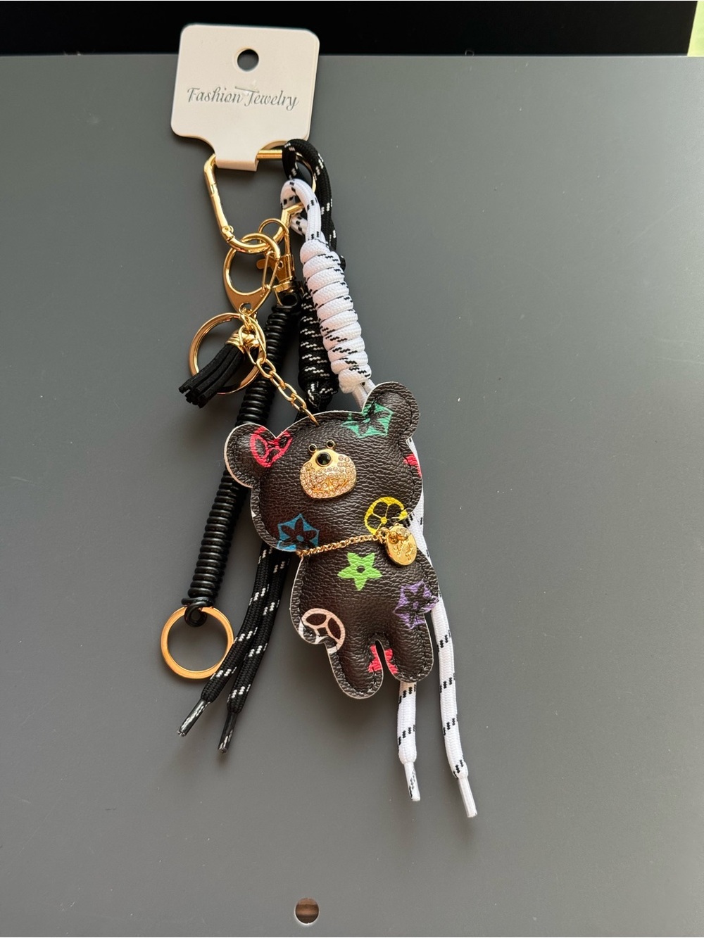 Black Floral Print Bear Keychain Bag Charm Gold Accent Coordinating Cord NWT